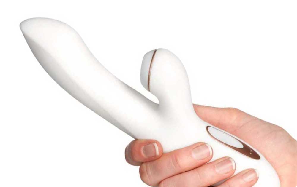vibrator alb tip rabbit cu funcție de stimulare clitoridiană și vaginală, capul stimulator pentru clitoris are funcție de unde cu presiune