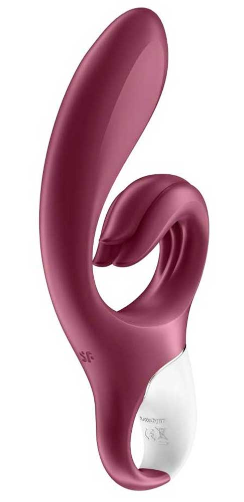 vibrator roz curbat satisfyer, cu maner alb si brat stimulare clitoris