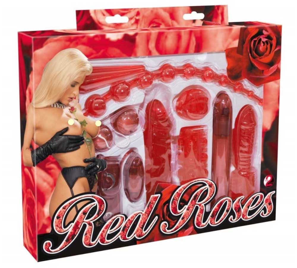 set de jucarii erotice de culoare rosu care include bile anale, bile vaginale, dildo, mansoane cu striatii, vibrator, inel penis