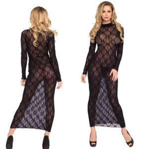 Rochie Plasă Transparentă - Guler Înalt, Mâneci Lungi & Model Fundițe