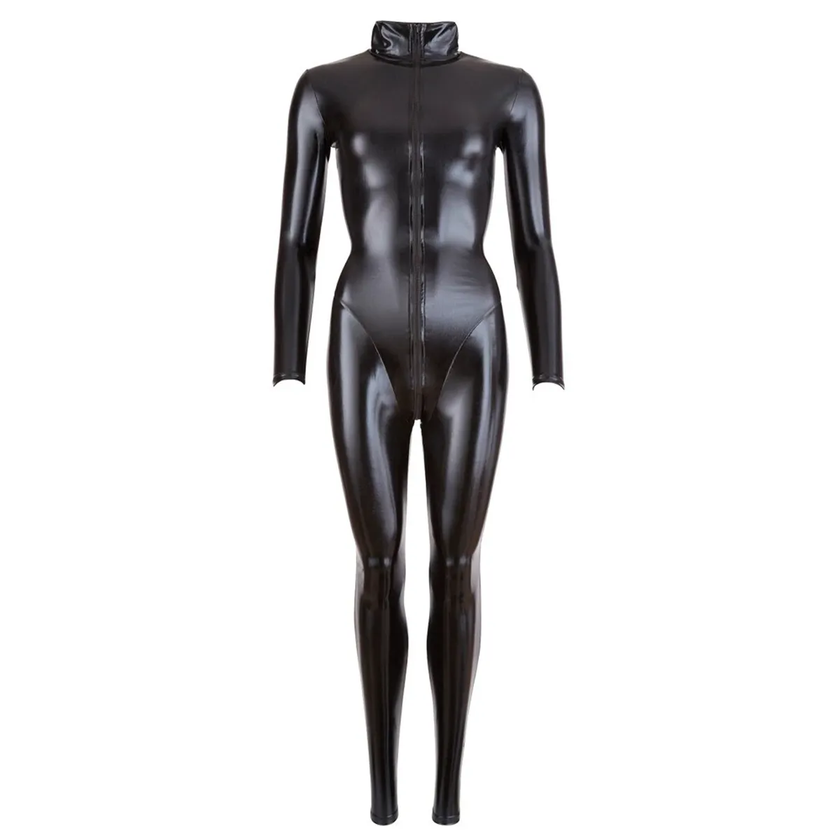 Jumpsuit Wetlook Negru - Fermoar & Material Elastic - imagine 2