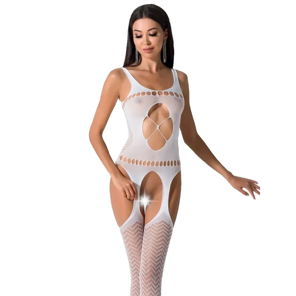 Bodystocking Alb Din Plasă - cu Jartieră & Open Crotch - imagine 2