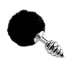Dop Anal Spiralat cu Pompon Metal Plug, Negru