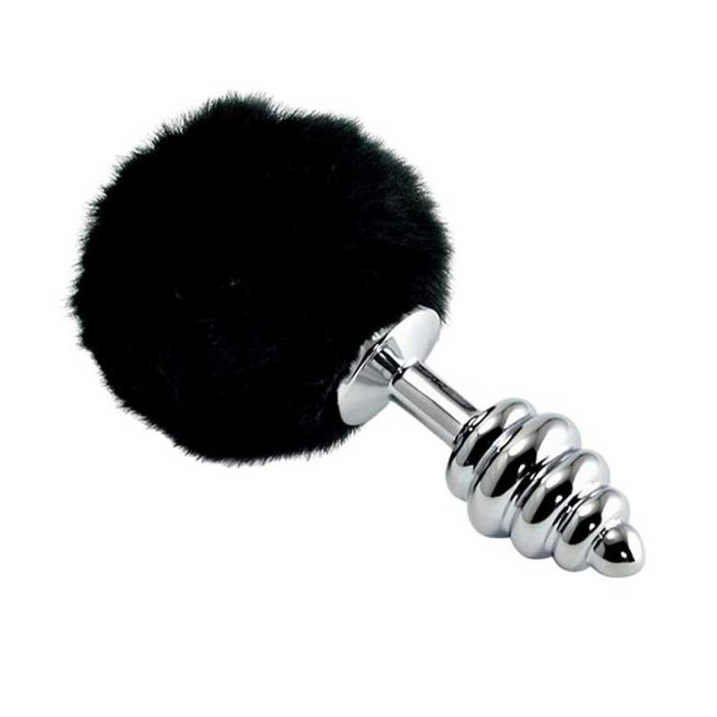 Dop Anal Spiralat cu Pompon Metal Plug, Negru