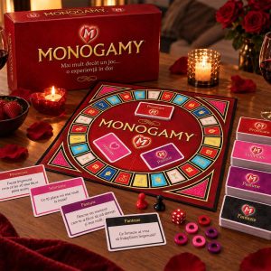 Joc de cuplu Monogamy cu tablă, cutie roșie, carduri în limba română și accesorii, prezentat pe masă într-un decor romantic cu lumânări, trandafiri și pahare de vin.