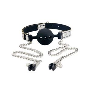 Set-2-Piese-–-Breathable-Ball-Gag-&-Cleme-Nipple-Clamp-Silver-calus