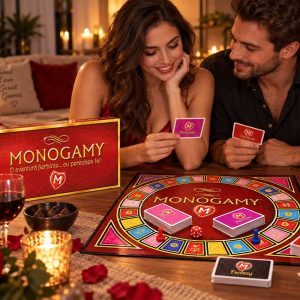 joc de societate monogamy cu carduri si zaruri. Cuplu in atmosfera romantica jucand jocul monogamy cu 2 pahare de vin.