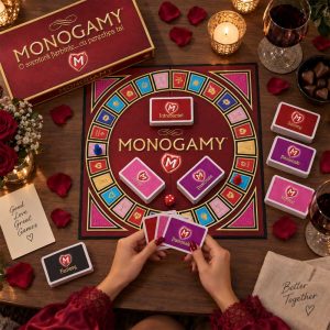 Joc de cuplu Monogamy, cu tablă de joc, carduri tematice, zar, pioni și jetoane colorate pentru activități romantice în doi. Conceput pentru seri intime și relaxate, jocul combină provocări, întrebări și momente de apropiere într-o atmosferă distractivă.