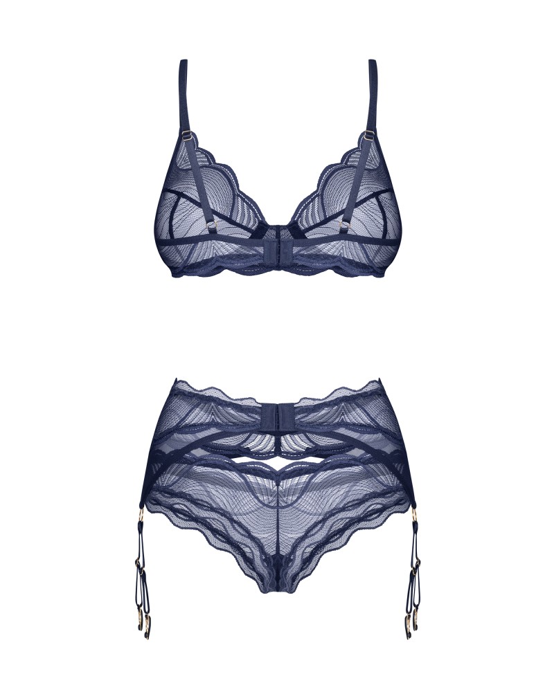 Set Lenjerie Nightly Blue - 3 Piese, Dantelă Transparentă & Portjartiere Ajustabile - imagine 16