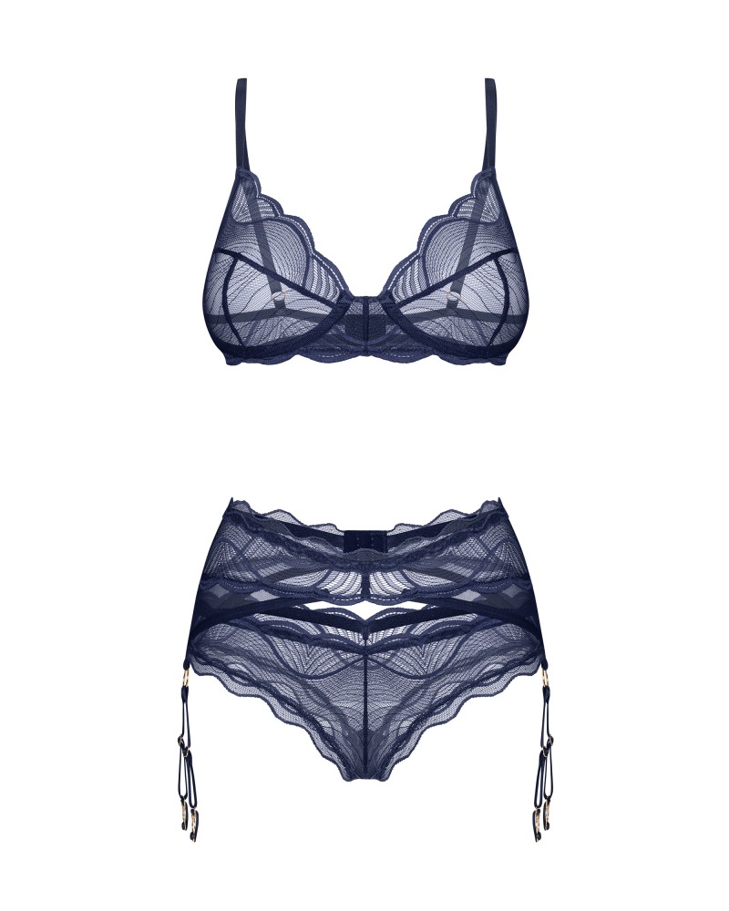 Set Lenjerie Nightly Blue - 3 Piese, Dantelă Transparentă & Portjartiere Ajustabile - imagine 17