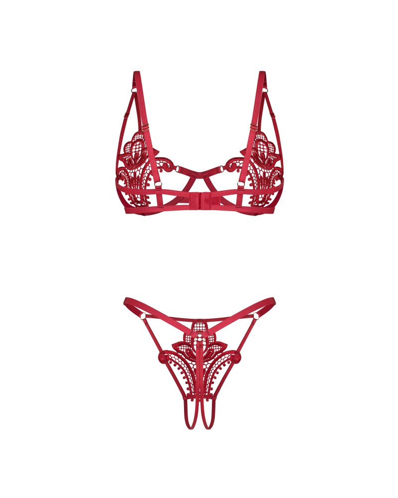 Set Lenjerie Luise Sublim Red - Open-Cup & Crotchless, Dantelă Guipure - imagine 3