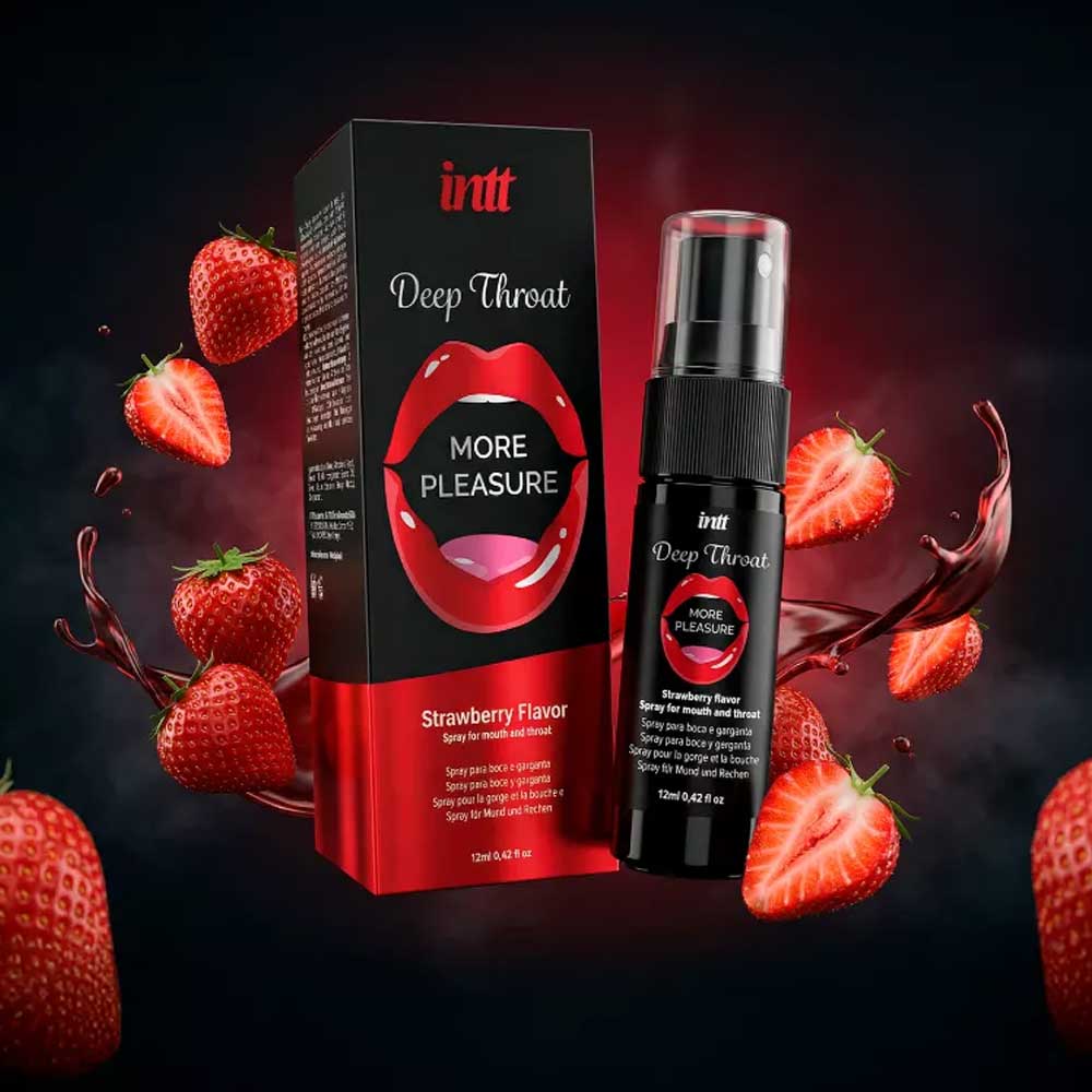 DEEP THROAT SPRAY prezentare produs si cutie pe fundal negru cu capsuni