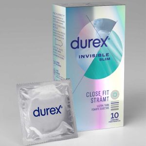 prezentare produs, cutie de prezervative si un prezervativ langa cutie durex subtiri invisible slim