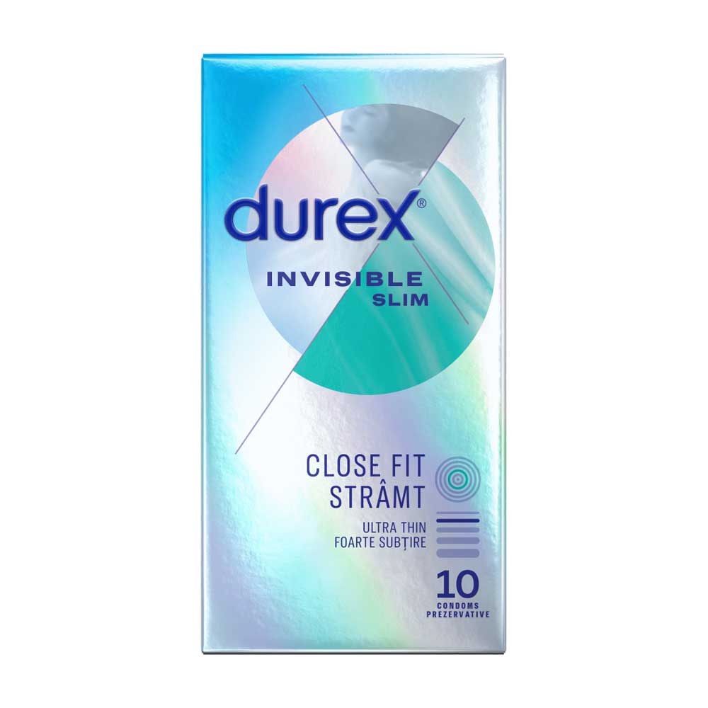 Cutie albastră și argintie cu prezervative Durex Invisible Slim (10 bucăți