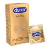 Cutie de prezervative Durex Nude (10 bucăți) și un ambalaj individual auriu, cu text în engleză și română, izolate pe fundal alb.