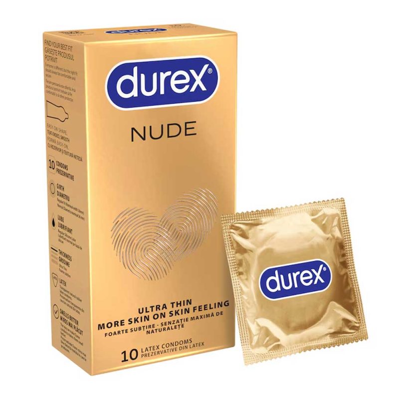Cutie de prezervative Durex Nude (10 bucăți) și un ambalaj individual auriu, cu text în engleză și română, izolate pe fundal alb.
