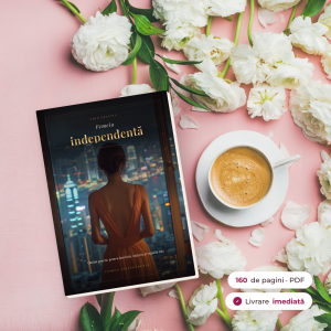 Ebookul Femeia independentă pe o masă cu flori albe și o cafea